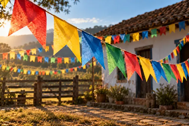 Bandeirinhas coloridas de festa junina ao sol da manhã, diante de uma casa rural com telhado de barro.