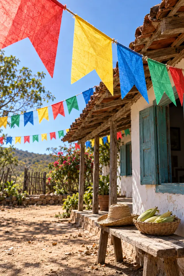 Bandeirinhas coloridas diante de uma casa rural, com chapéu de palha e cesta de milho sobre um banco de madeira.