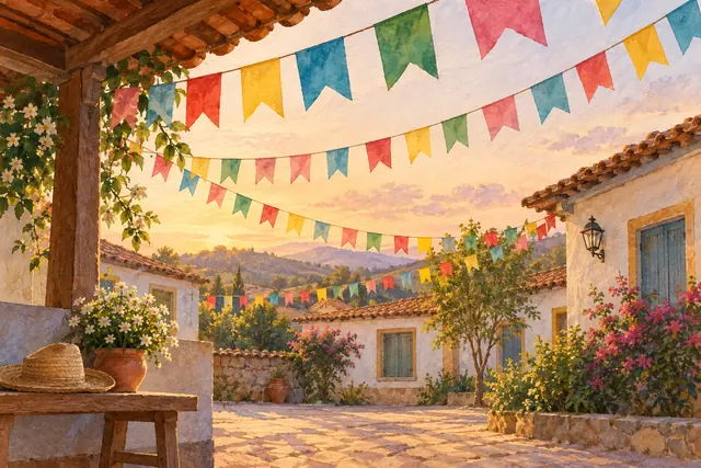 Aquarela de pátio com bandeirinhas juninas, casas rústicas, flores e chapéu de palha à luz do entardecer.
