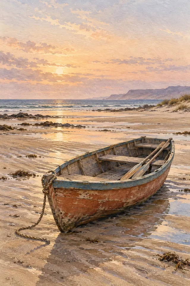 Aquarela de barco de pesca na areia úmida, com remos e corda, diante do mar e de um céu dourado ao entardecer.
