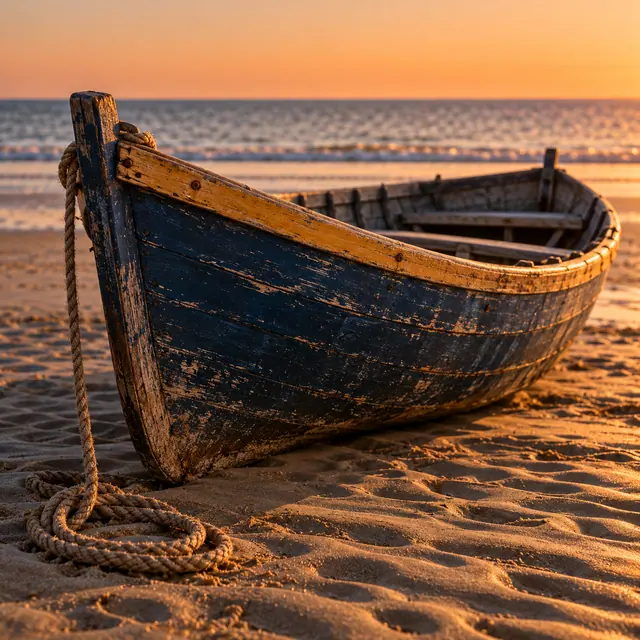 Barco de pesca azul e amarelo na areia, com corda junto à proa e mar ao fundo sob a luz dourada do entardecer.