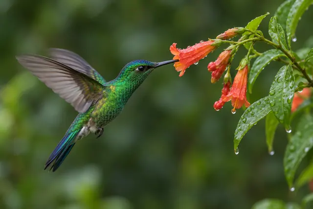 Beija-flor verde paira e bebe néctar de uma flor alaranjada, entre folhas com gotas e fundo verde desfocado.