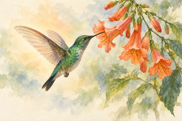 Beija-flor verde em voo bebe néctar de flores alaranjadas em aquarela delicada sobre papel texturizado.
