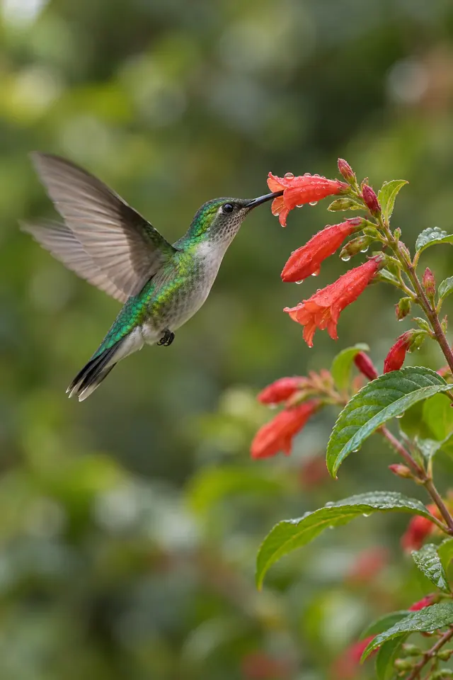 Beija-flor verde paira e bebe néctar de uma flor vermelha com gotas de água, diante de um jardim desfocado.