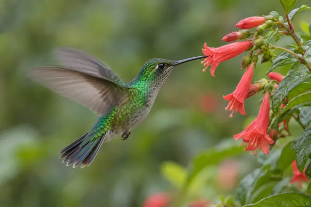 Beija-flor verde paira com as asas em movimento e bebe néctar de uma flor vermelha diante de um fundo verde desfocado.