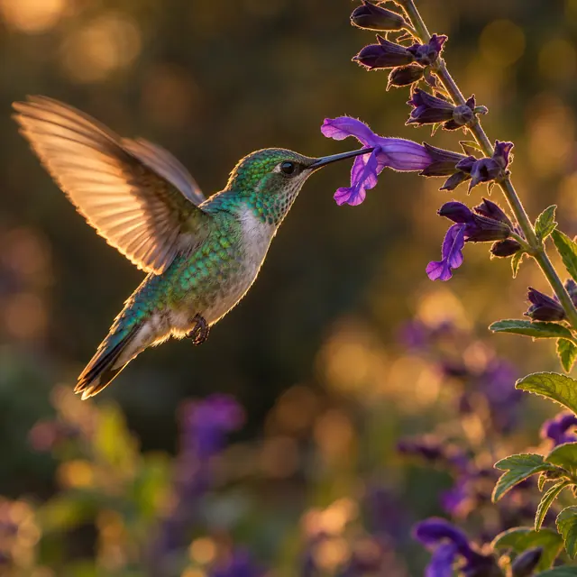 Beija-flor verde bebe néctar de uma flor violeta, com asas abertas e luz dourada sobre o jardim desfocado.