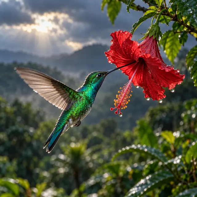 Beija-flor verde e azul busca néctar em hibisco vermelho com gotas, sob raios de sol e diante de montanhas desfocadas.