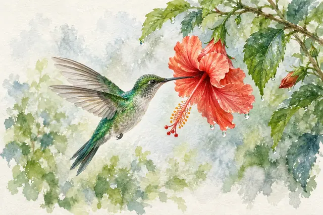 Beija-flor verde bebe néctar de hibisco vermelho entre folhas com gotas de chuva, em aquarela sobre papel texturizado.