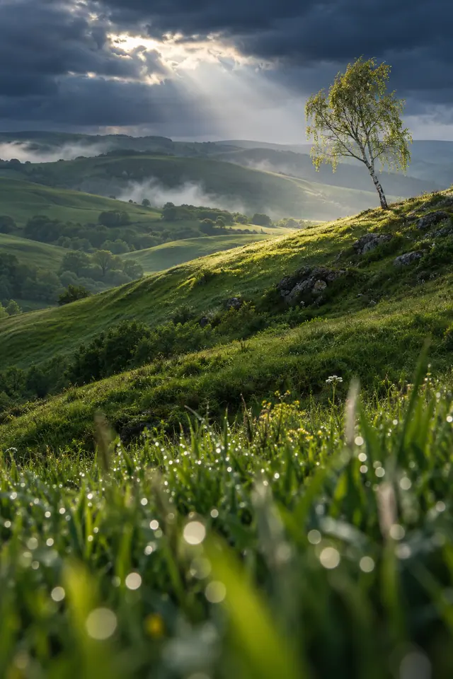 Bétula solitária em encosta verde sob raios de sol, com névoa nos vales e capim desfocado em primeiro plano.