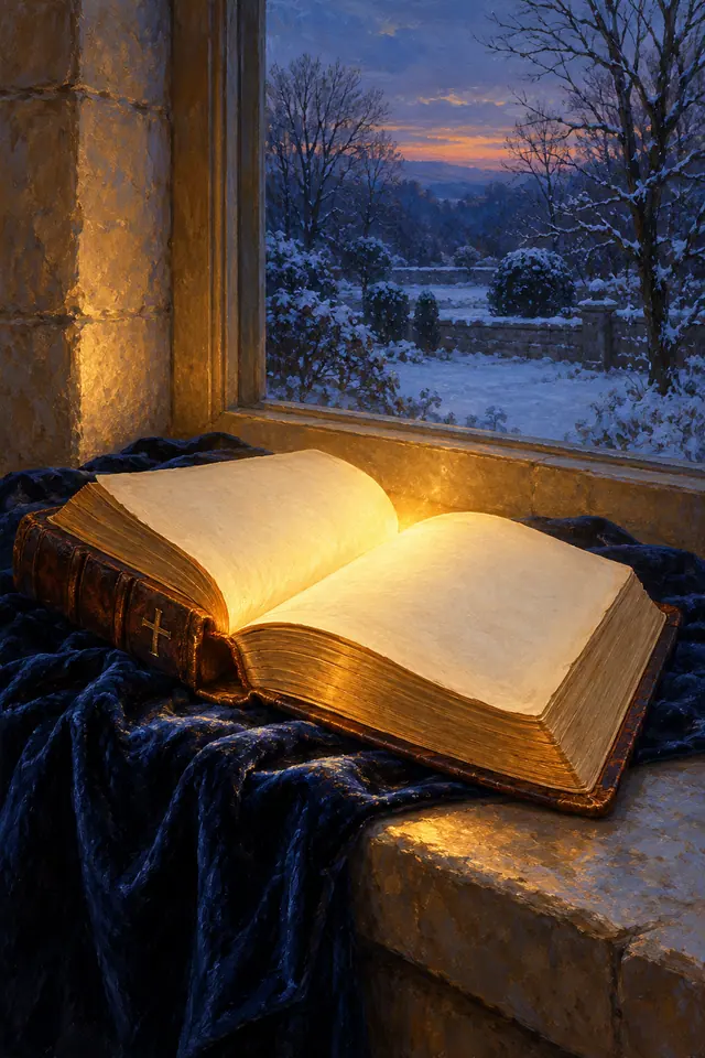 Bíblia aberta com brilho dourado sobre veludo azul, junto à janela com vista para um jardim nevado ao entardecer.