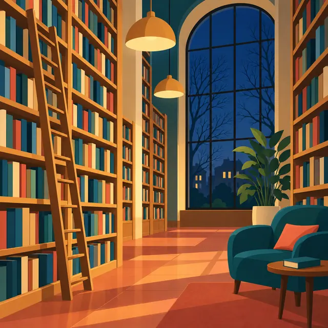 Biblioteca com estantes altas, escada de madeira, poltrona azul-petróleo e janela em arco sob luz quente.