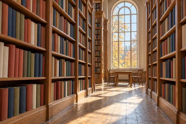 Corredor de biblioteca com estantes altas, livros e mesa sob uma janela em arco, iluminado pela luz de outono.