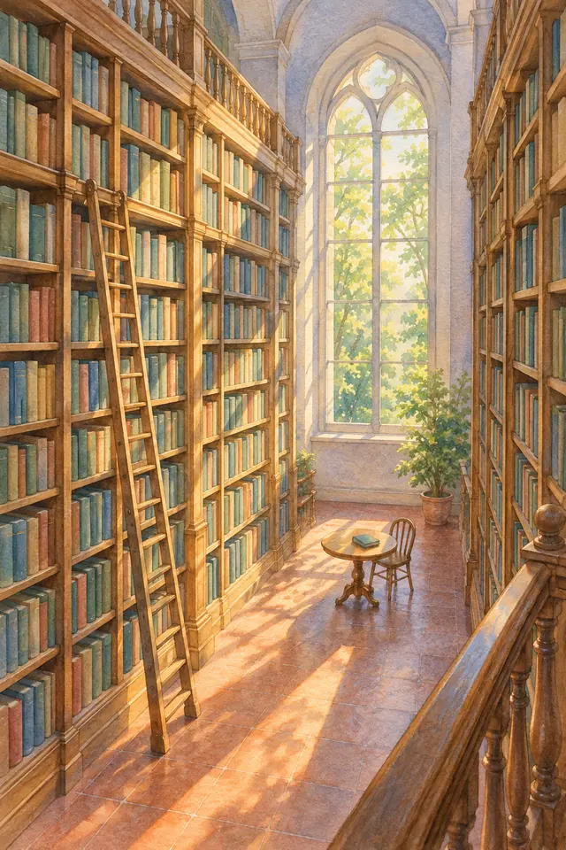 Aquarela de biblioteca com estantes altas, escada de madeira e mesa com livro sob a luz dourada de uma janela.