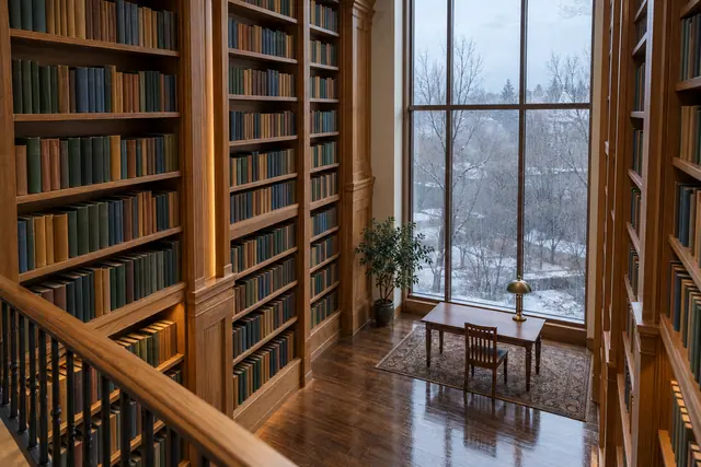 Biblioteca com estantes altas de madeira e mesa de leitura junto à janela com vista para uma paisagem de inverno.