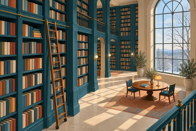 Biblioteca com estantes altas, escada de madeira e mesa de leitura ao lado de uma janela com paisagem de inverno.