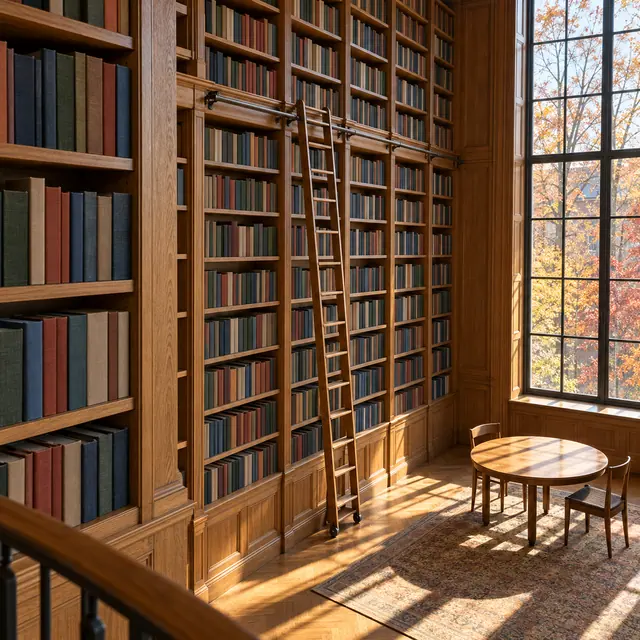 Biblioteca com estantes altas, escada de madeira e mesa junto à janela iluminada pelo sol de outono.