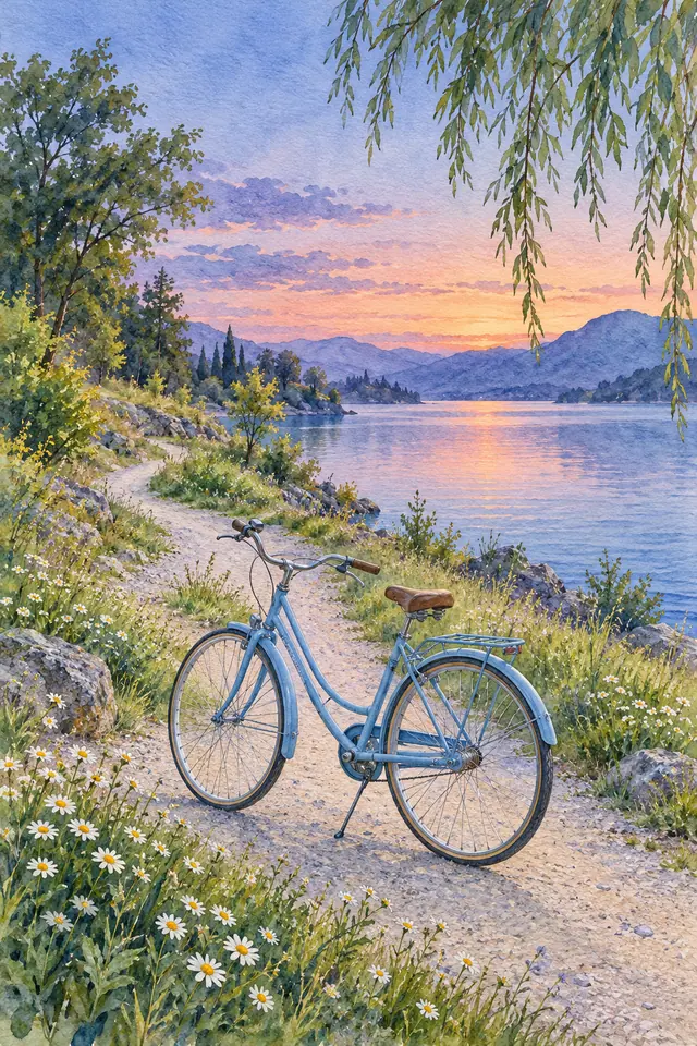 Aquarela de bicicleta azul em caminho com margaridas à beira de um lago, sob céu rosado e ramos de salgueiro.