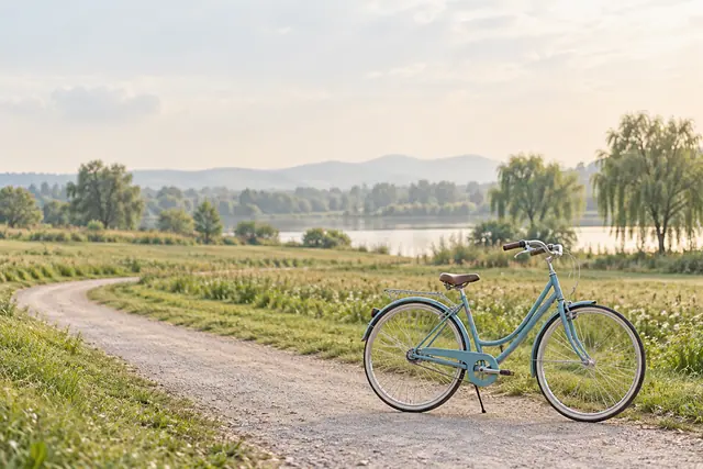 Bicicleta azul em caminho de cascalho no parque, com lago, salgueiros e colinas sob a luz suave da tarde.