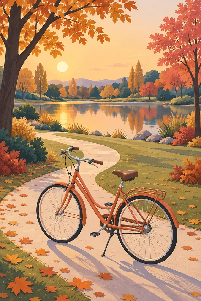 Bicicleta terracota em caminho de parque junto a um lago, com folhas de outono e luz dourada do fim da tarde.