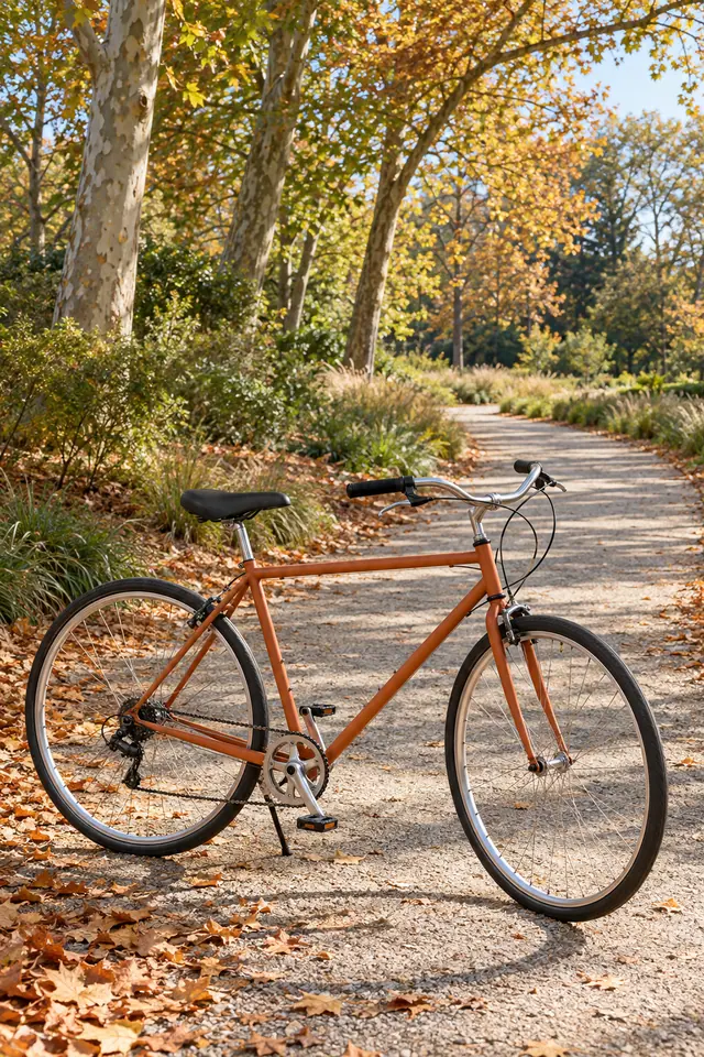 Bicicleta terracota em caminho de cascalho com folhas secas, sob árvores douradas pela luz da manhã.
