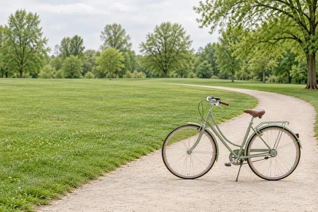 Bicicleta verde-clara parada em caminho curvo de um parque, com gramado amplo e árvores sob céu nublado.