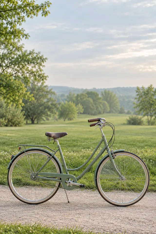 Bicicleta verde em caminho de cascalho, com gramado, árvores e céu de nuvens suaves ao fundo.
