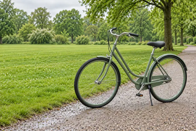 Bicicleta verde-sálvia em caminho úmido de um parque, com amplo gramado e árvores sob luz suave.