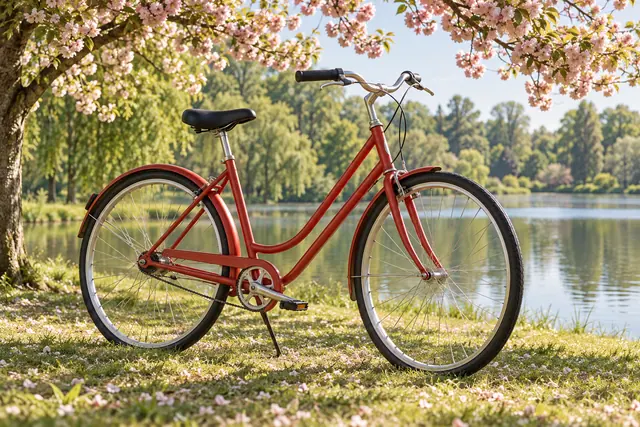 Bicicleta vermelha na grama de um parque, sob galhos floridos, com lago e árvores ao fundo.