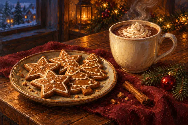 Pintura a óleo de biscoitos natalinos e chocolate quente com creme, entre canela, ramos verdes e luzes douradas.