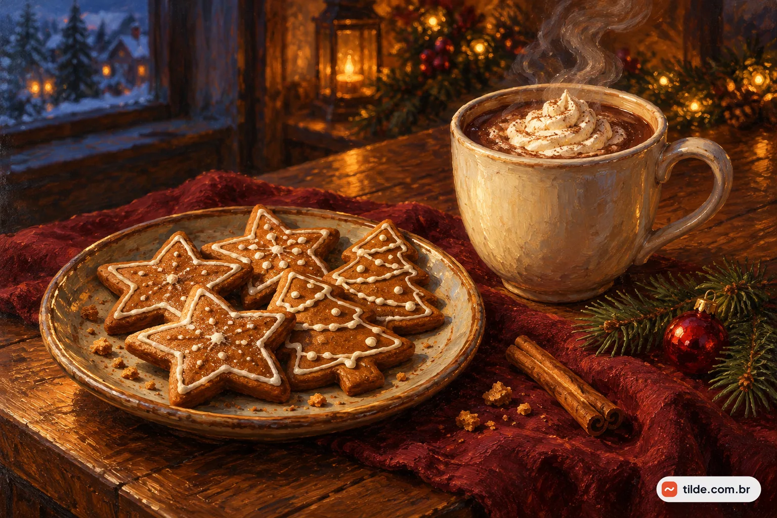 Pintura a óleo de biscoitos natalinos e chocolate quente com creme, entre canela, ramos verdes e luzes douradas.