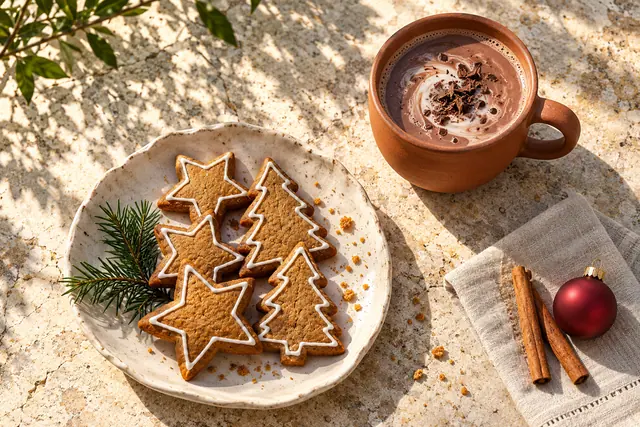 Biscoitos natalinos e chocolate quente sobre mesa de pedra ao sol, com canela, ramo de pinheiro e bola vermelha.