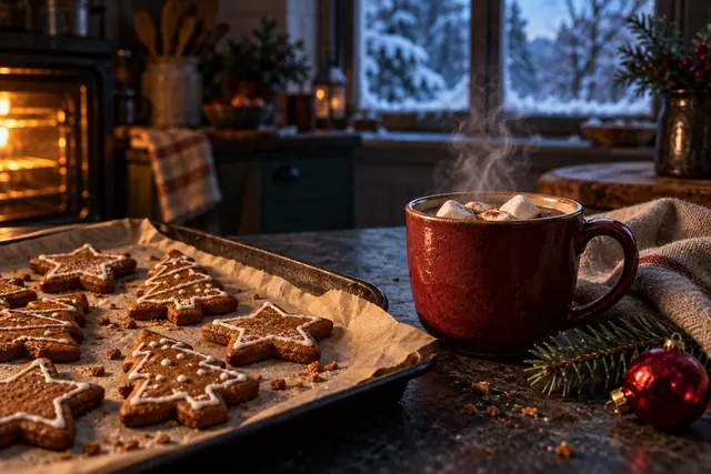 Biscoitos natalinos e chocolate quente fumegante em cozinha com luz de forno e neve do lado de fora.