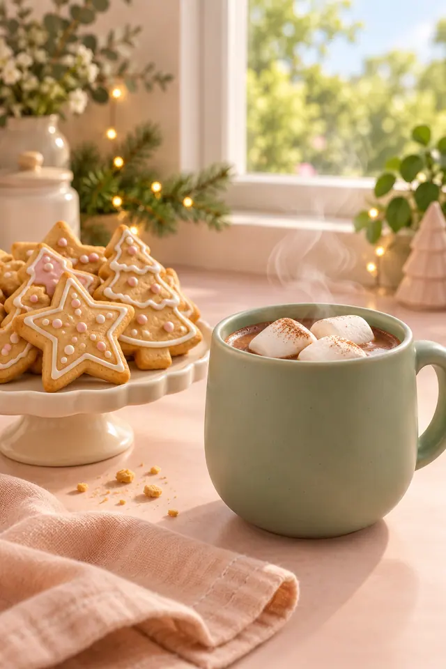 Caneca verde com chocolate quente e marshmallows ao lado de biscoitos natalinos, com luzes e uma janela ao fundo.