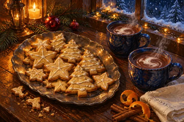 Pintura de biscoitos natalinos e duas xícaras de chocolate quente à luz de velas, junto a uma janela com neve.