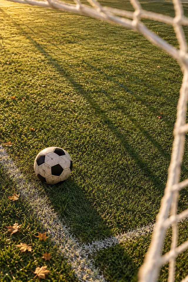 Bola de futebol no gramado com folhas secas, linhas brancas e sombras da rede sob a luz dourada do fim da tarde.