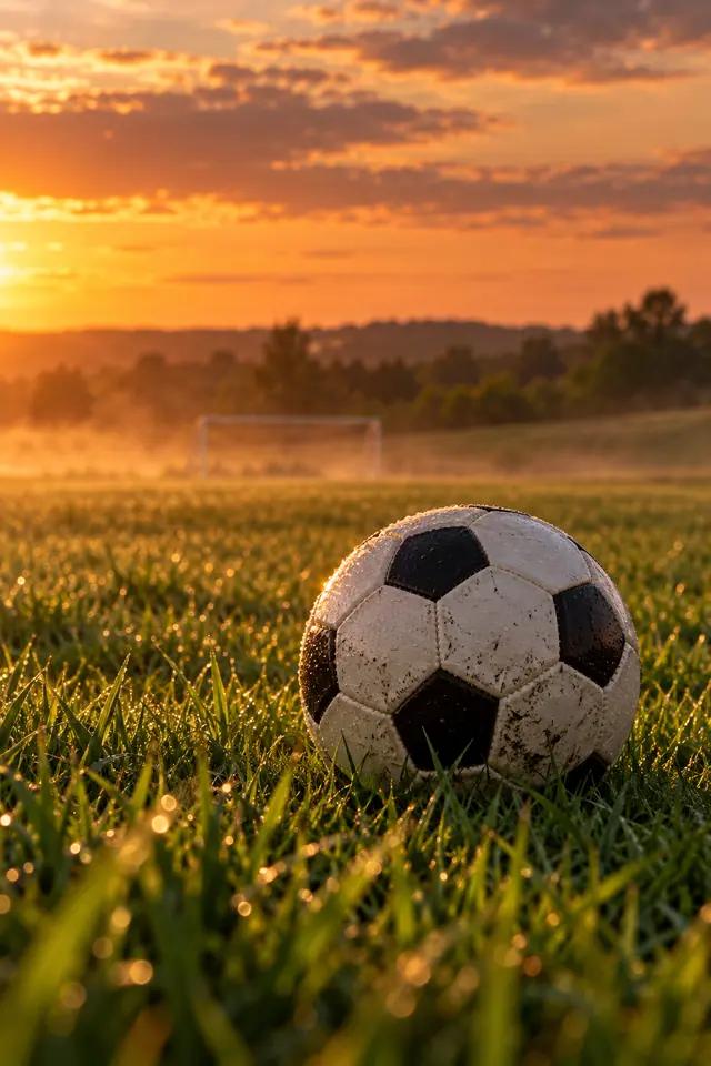 Bola de futebol com gotas na grama verde ao pôr do sol, com trave desfocada e névoa ao fundo.