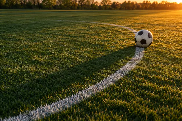 Bola de futebol junto à linha curva de um campo verde, com sombra longa e luz dourada do pôr do sol.