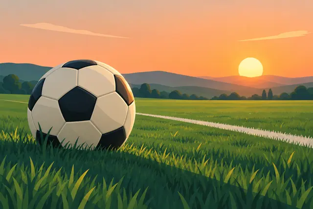 Bola de futebol em gramado com linha branca, árvores e colinas ao fundo sob o céu alaranjado do pôr do sol.