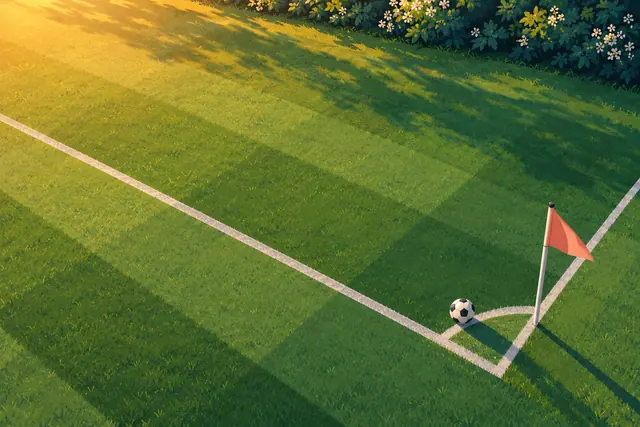 Bola de futebol junto à bandeirinha coral no escanteio de um campo verde, com luz dourada e sombras longas.
