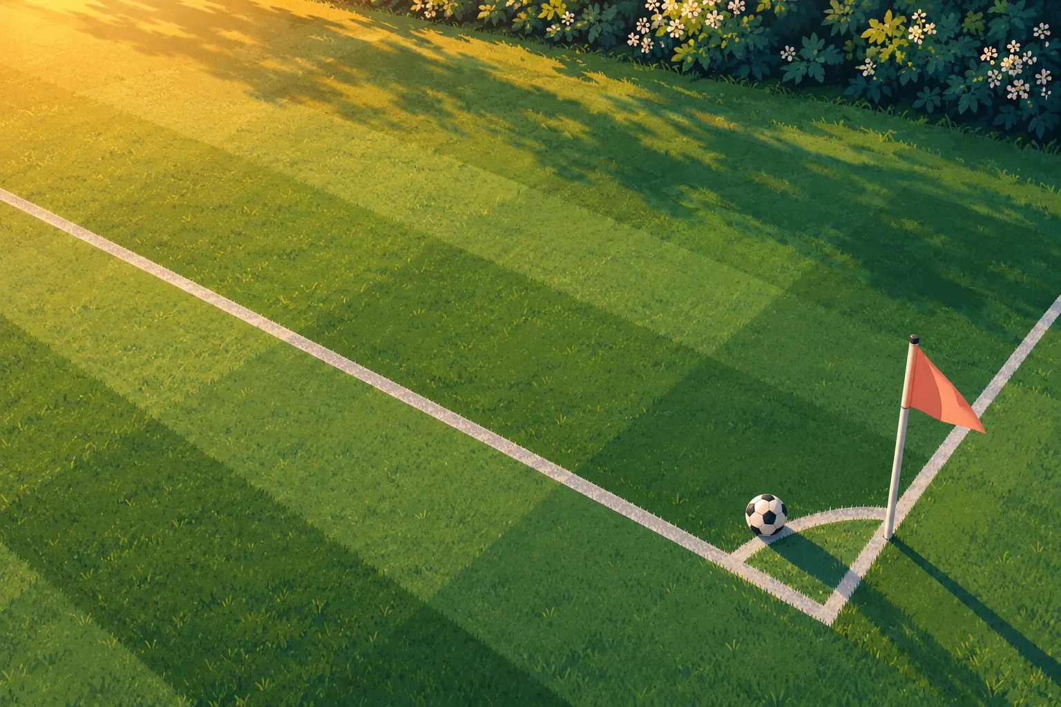 Bola de futebol junto à bandeirinha coral no escanteio de um campo verde, com luz dourada e sombras longas.