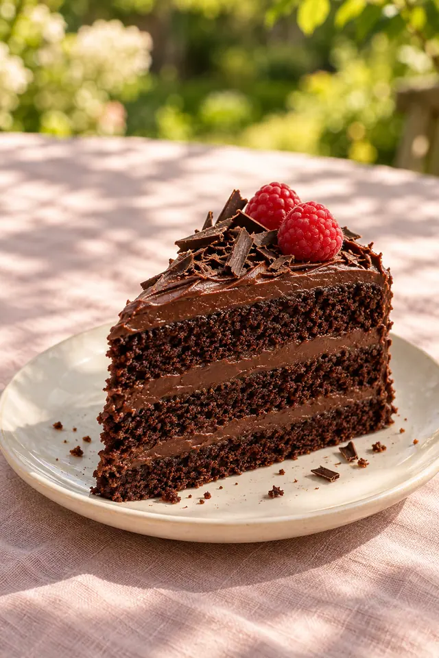 Fatia de bolo de chocolate com ganache, raspas e duas framboesas em prato claro sobre toalha rosa no jardim.