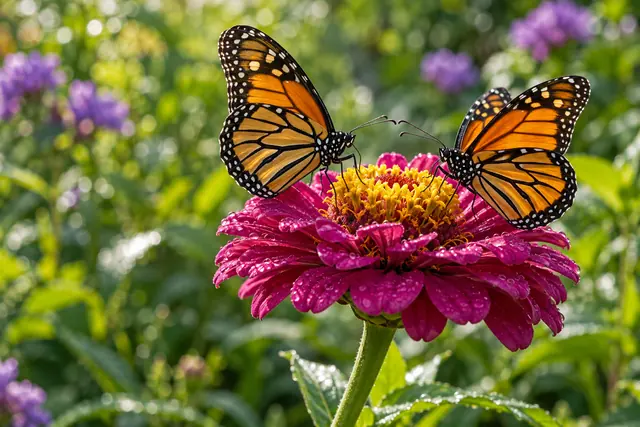 Duas borboletas alaranjadas pousam em uma zínia magenta com gotas de água, diante de um jardim desfocado.