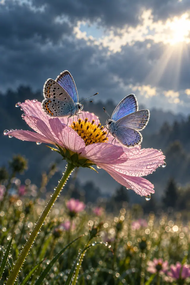 Duas borboletas azuis sobre flor rosa com gotas de água, sob raios de sol entre nuvens e um campo desfocado.