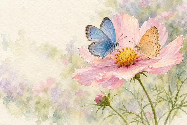 Borboletas azul e alaranjada sobre flor rosa com orvalho, em aquarela delicada sobre papel texturizado.