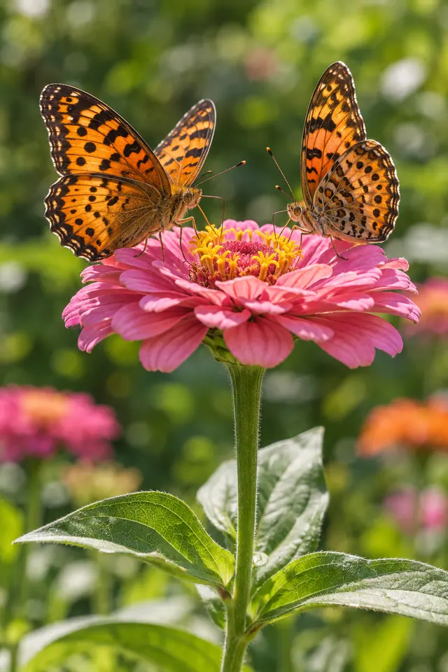 Duas borboletas alaranjadas sobre uma zínia rosa, com folhas verdes e jardim desfocado ao fundo.