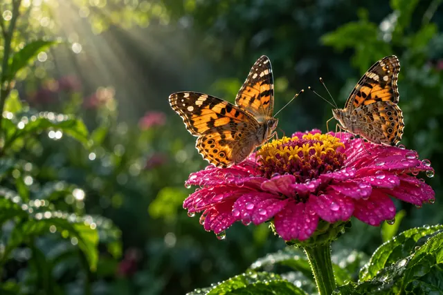 Duas borboletas alaranjadas sobre zínia rosa com gotas de chuva, iluminadas pelo sol em um jardim desfocado.