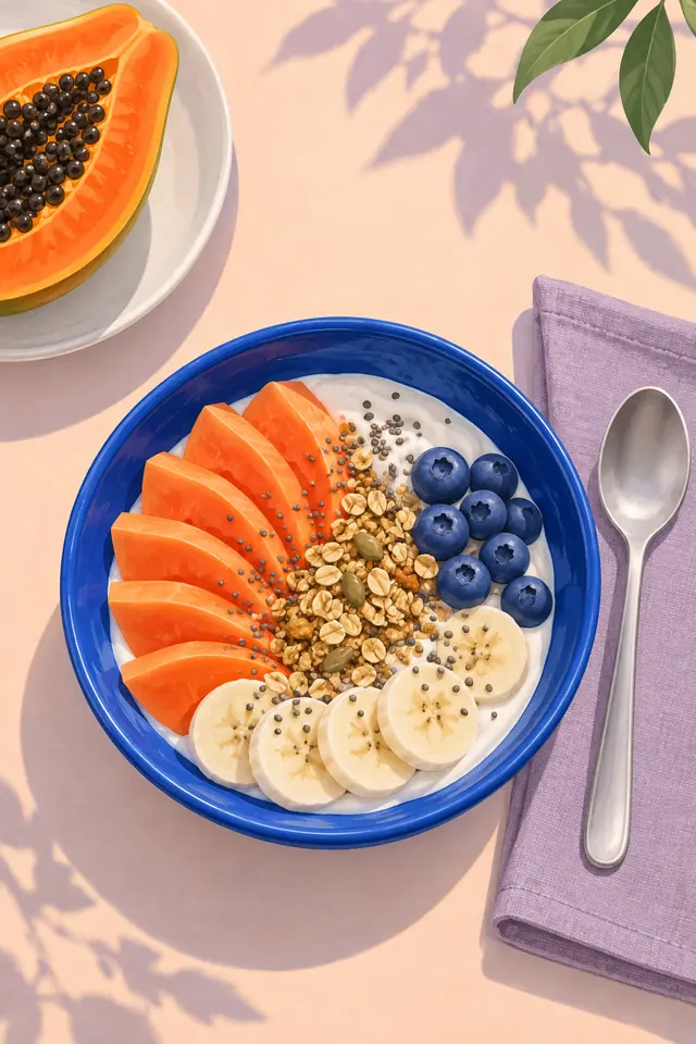 Bowl azul com iogurte, mamão, banana, mirtilos e granola, ao lado de uma colher sobre guardanapo lilás.
