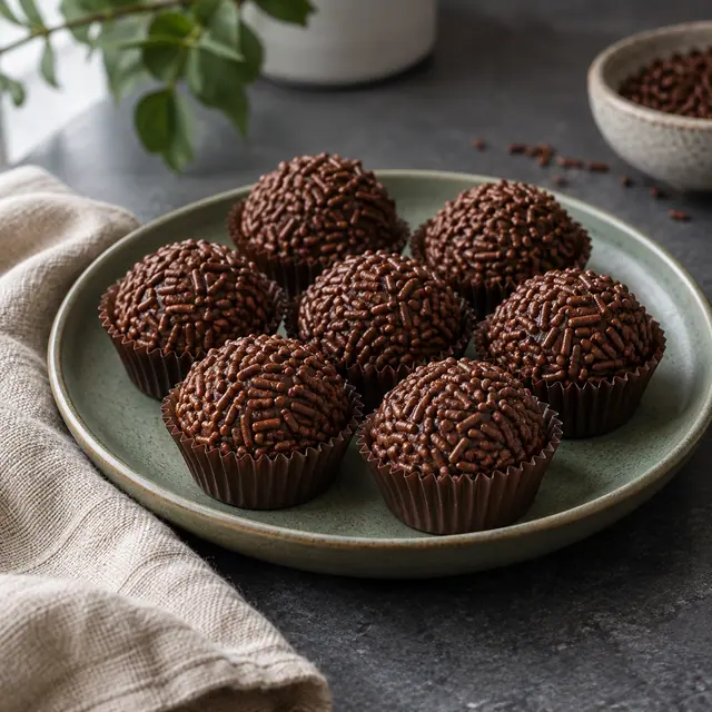 Brigadeiros com granulado em forminhas marrons sobre prato verde, ao lado de linho claro e sob luz natural.
