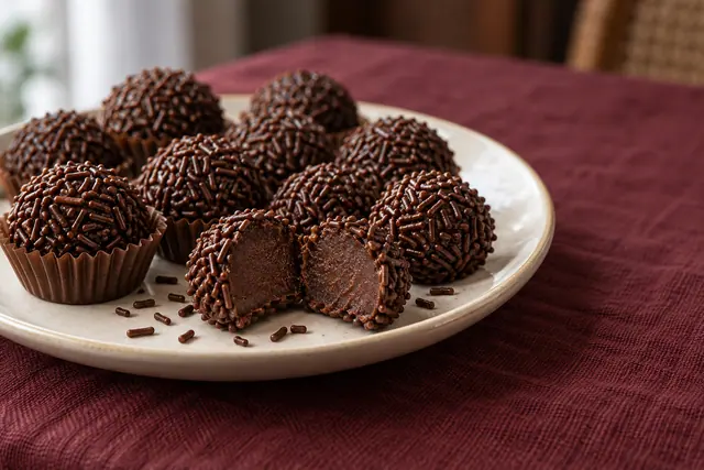 Brigadeiros com granulado em prato claro sobre linho vinho, com um doce cortado ao meio em primeiro plano.