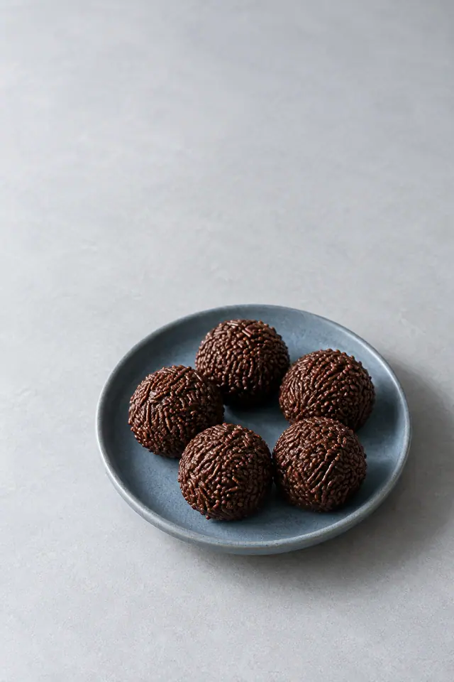 Cinco brigadeiros com granulado em prato azul sobre fundo cinza claro, com amplo espaço vazio acima.